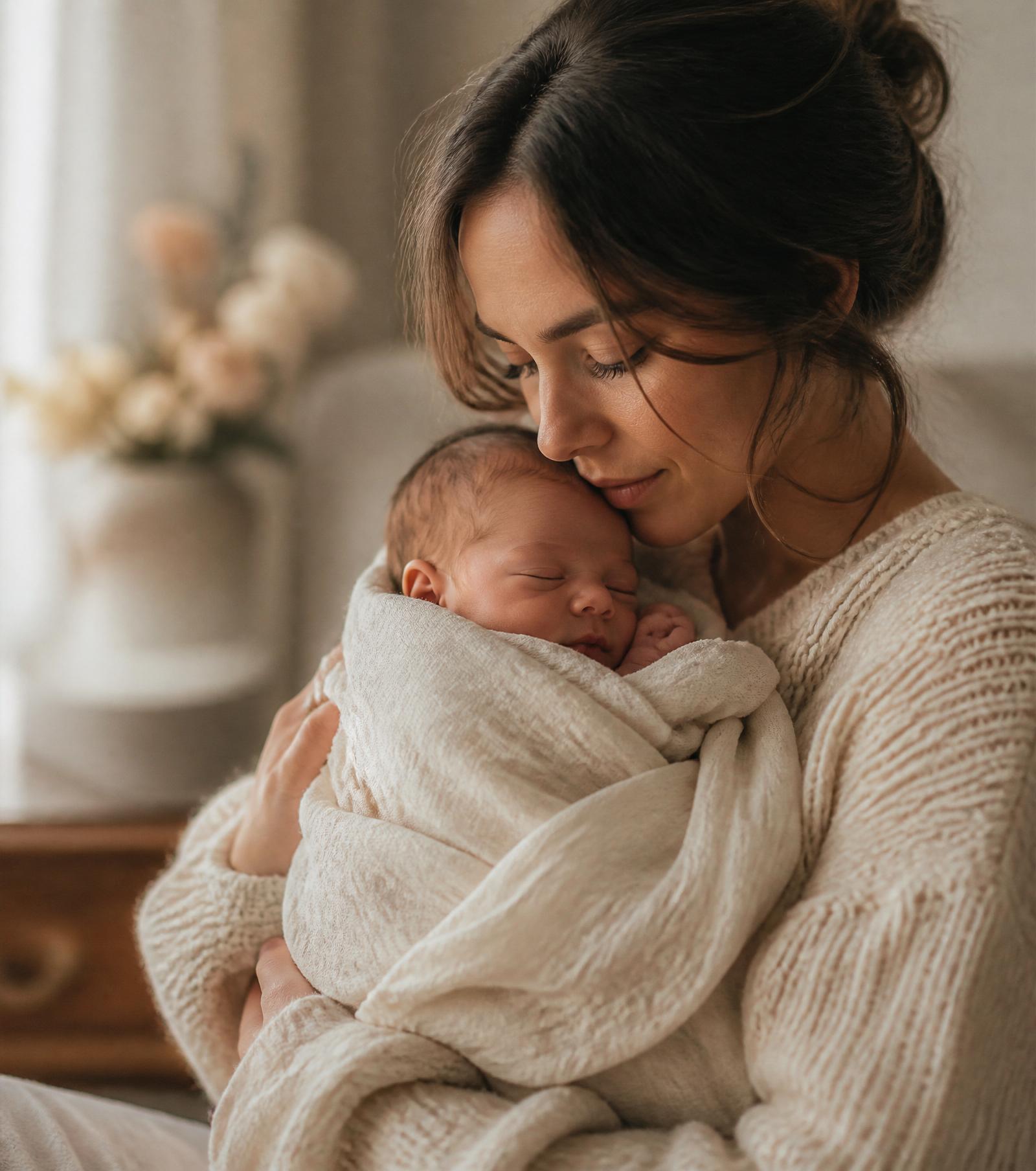 A mother tenderly holding her sleeping newborn wrapped in a cream linen blanket by soft window light